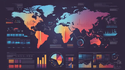 Poster - 
Infographic design components featuring pie charts and a step-by-step diagram using circles. The layout includes a world map adorned with location pointers, silhouettes of ships, text sections.