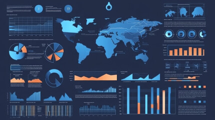 Poster - 
Infographic design components featuring pie charts and a step-by-step diagram using circles. The layout includes a world map adorned with location pointers, silhouettes of ships, text sections.