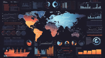 Poster - 
Infographic design components featuring pie charts and a step-by-step diagram using circles. The layout includes a world map adorned with location pointers, silhouettes of ships, text sections.