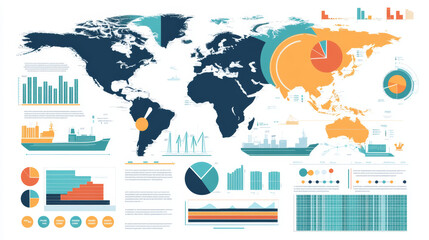 Poster - 
Infographic design components featuring pie charts and a step-by-step diagram using circles. The layout includes a world map adorned with location pointers, silhouettes of ships, text sections.