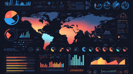 Poster - 
Infographic design components featuring pie charts and a step-by-step diagram using circles. The layout includes a world map adorned with location pointers, silhouettes of ships, text sections.