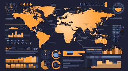 Poster - 
Infographic design components featuring pie charts and a step-by-step diagram using circles. The layout includes a world map adorned with location pointers, silhouettes of ships, text sections.