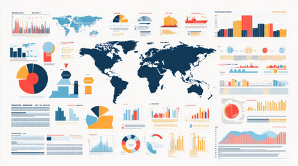 Poster - 
Infographic design components featuring pie charts and a step-by-step diagram using circles. The layout includes a world map adorned with location pointers, silhouettes of ships, text sections.