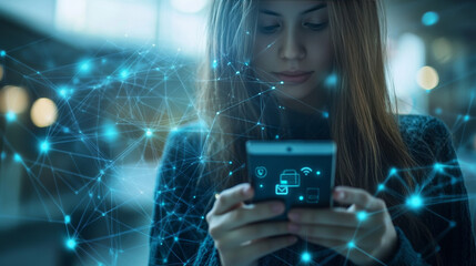 Internet of Things (IoT) technology concept, depicting a woman interacting with a mobile smartphone. E-commerce technology icons are visible, floating over a virtual global internet network.