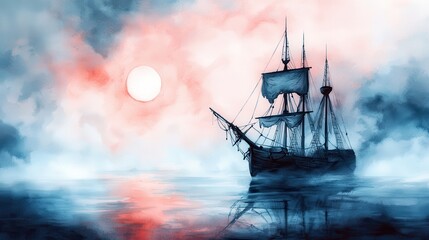 Wall Mural - Silhouette of a ship on the water with a watercolor sky.