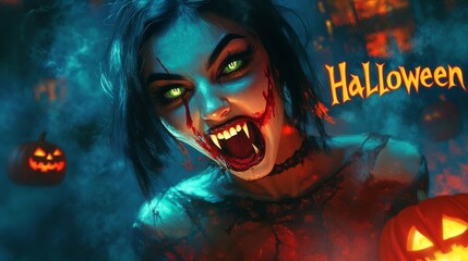 Wall Mural -   woman vampire on Halloween . The inscription 