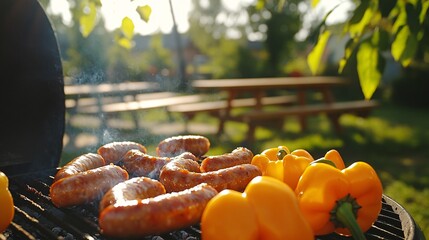 Wall Mural - Closeup of sausages grilling on a barbeque grill with yellow bell peppers in the foreground and a picnic table in the background.