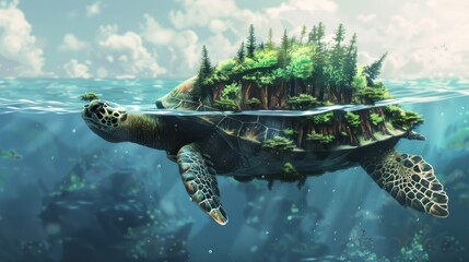 Sea Turtle Carrying a Forest on its Back.