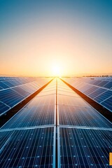 A solar farm stretching into the distance, bathed in sunlight, symbolizing eco-friendly energy with a focus on sustainability. The clear sky above offers ample copy space.