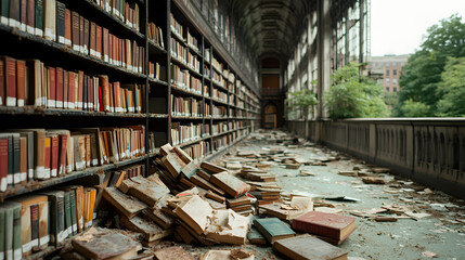 Abandoned library books scattered and decaying