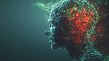 Poster - Merging Mind and Machine: AI Intelligence Visualization. A digital depiction of artificial intelligence integrated within the human form, illustrating the harmonious fusion of technology and human.