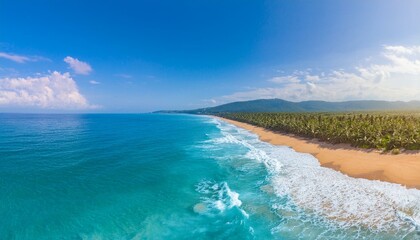 Summer seascape beautiful waves, blue sea water in sunny day. Top view from drone. Sea aerial surf, amazing tropical nature background. Mediterranean bright sea bay, waves splashing beach sandy coast