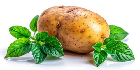 Wall Mural - Fresh potato with vibrant green leaves isolated on background