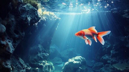 Poster - Red Goldfish Swimming in a Blue Underwater World.