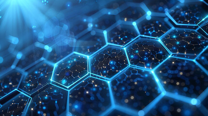 Abstract futuristic hexagonal network with blue glowing lights.