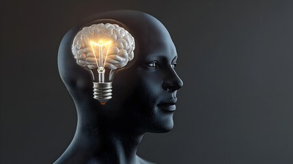 Poster - 3D of a human head with a glowing lightbulb brain inside,representing marketing insights,creative thinking,and innovative problem-solving. The image conveys the concept of intelligence,knowledge.