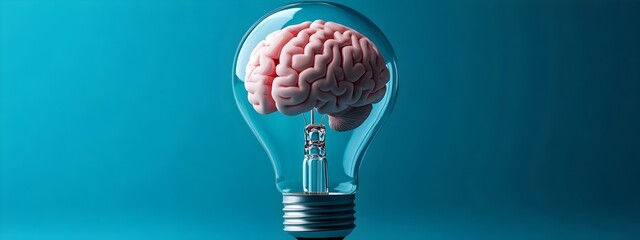 Poster - 3D rendering of a human brain encased inside a glowing lightbulb,representing the concept of idea innovative thinking.