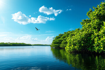 A serene landscape featuring a tranquil river surrounded by lush greenery and a bright blue sky with fluffy clouds.