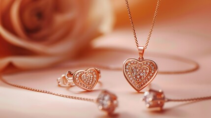 Wall Mural - Heart shaped rose gold ring pendant necklace and stud earrings set of jewelry on peach background