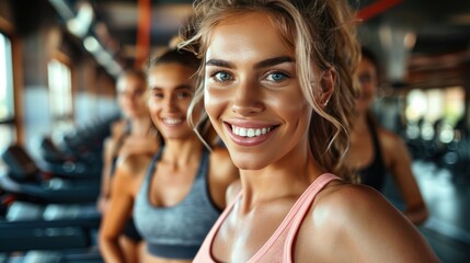 Wall Mural - Fit and Happy: A Group of Energetic Fitness Enthusiasts Enjoying Their Workout Routine in the Gym