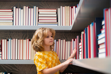 Aufkleber - Education Concept. School kid pupil studying in school library. Child reading book in library on bookshelf background.