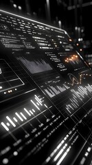 Poster - Ascending 3D business growth chart with data visualization dynamic data points and line graphs glowing holographic user interface monochrome chrome finish cutting edge technological aesthetic