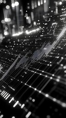 Poster - Ascending 3D business growth chart with data visualization dynamic data points and line graphs glowing holographic user interface monochrome chrome finish cutting edge technological aesthetic