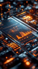 Poster - Ascending 3D business growth chart with data visualization dynamic data points and line graphs glowing holographic user interface monochrome chrome finish cutting edge technological aesthetic