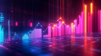 Poster - Ascending 3D business growth chart with data visualization showcasing a sleek minimalist infographic design featuring futuristic abstract geometric shapes and a luminous neon color palette