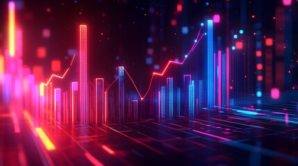Poster - Ascending 3D business growth chart with data visualization sleek minimalist infographic futuristic abstract geometric shapes luminous neon color palette cinematic lighting Bauhaus inspired design