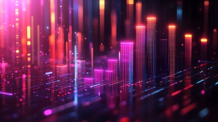 Poster - Ascending 3D business growth chart with data visualization sleek minimalist infographic futuristic abstract geometric shapes luminous neon color palette cinematic lighting and Bauhaus inspired design