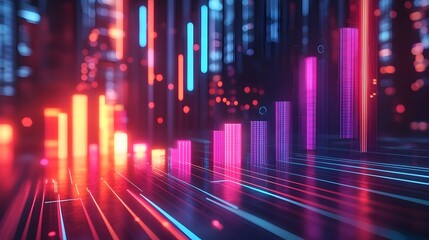 Poster - Ascending 3D business growth chart with data visualization sleek minimalist infographic futuristic abstract geometric shapes luminous neon color palette cinematic lighting Bauhaus inspired