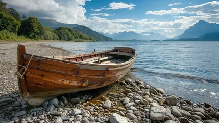 Wooden boat on the lake shore