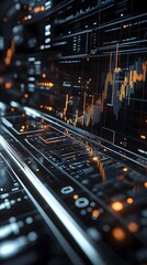Poster - Ascending 3D business growth chart with dynamic data visualization glowing holographic user interfaces