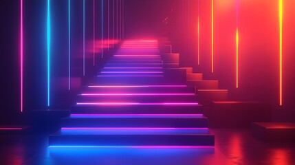 Poster - Ascending 3D business growth chart with sleek minimalist infographic futuristic abstract geometric shapes luminous neon color palette and cinematic lighting inspired by Bauhaus design