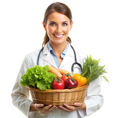 female nutritionist in a white medical coat with a basket of vegetables