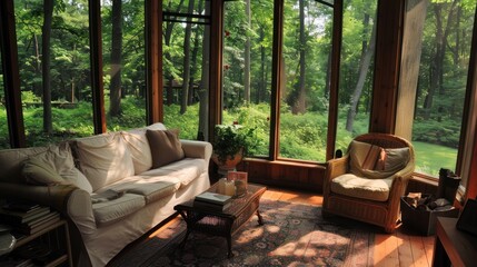 Wall Mural - Sunlit porch with a view of a lush green forest.