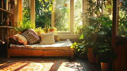 Poster - Cozy sunlit room with plants and a window view.