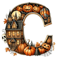 Wall Mural - The letter C is decorated with a house, pumpkins, and a ghost