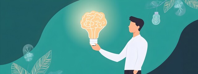 Poster - Businessman holding a glowing lightbulb,symbolizing a creative idea,innovative solution,and intellectual breakthrough. The conceptual image represents the process of problem-solving,brainstorming.