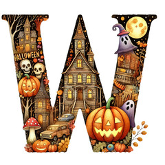 Wall Mural - The letter W is decorated with Halloween-themed images, such as pumpkins, ghosts