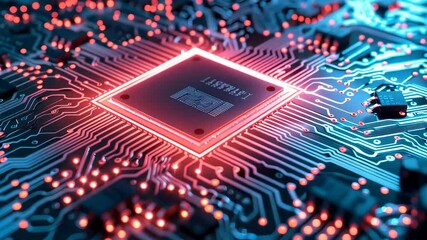 Poster - Futuristic Super Chip on High-Tech Circuit Board with Glowing Lights in Advanced Computing Innovation Technology Setting at Night