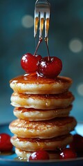 Wall Mural - drizzling maple syrup on stack of pancakes with cherry on top