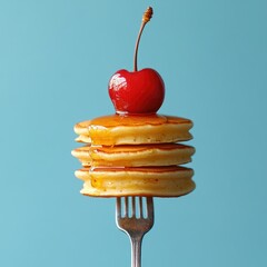 Wall Mural - drizzling maple syrup on stack of pancakes with cherry on top