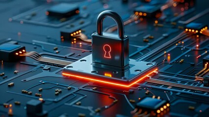 Poster - advanced nighttime digital lock on circuit board for data protection and technology security, futuri