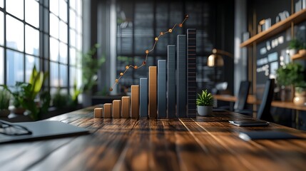 Poster - Detailed data visualization depicting business growth over time using technical style with bar charts graphs and numerical data in a minimalist modern office setting