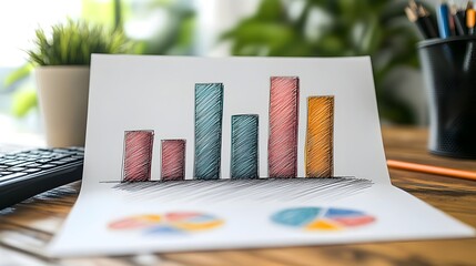 Poster - Detailed hand drawn bar chart depicting quarterly financial data and business performance metrics in a simple minimalist and modern corporate office setting  Clean lines muted tones