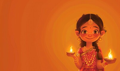 A children's book style illustration featuring stock picture with a woman dressed in traditional Indian attire, is holding diya. Solid orange background. Pay attention to the hands. generative ai