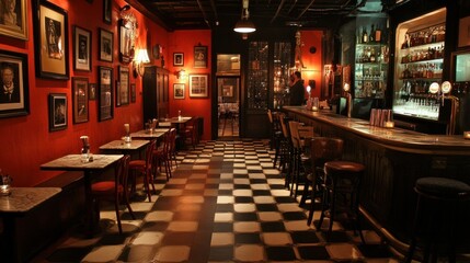 Classic Bar Interior with Checkered Floor and Red Walls