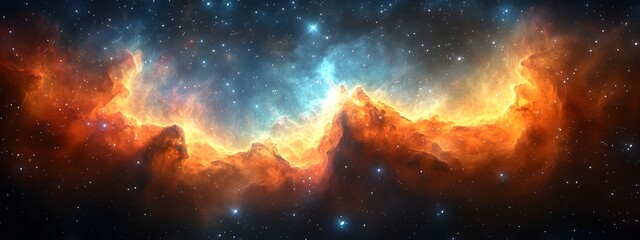 Poster - Expansive cosmic panorama showcasing the majestic beauty of swirling nebulae,glimmering stars,and distant galaxies in a mesmerizing display of color,light,and texture.